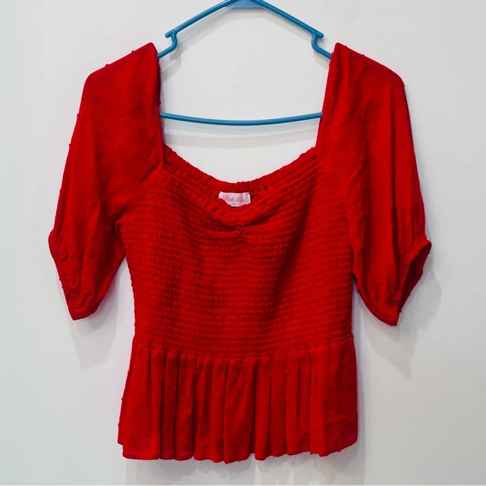 Pink Lily boutique Red smocked blouse size Medium - Picture 3 of 8